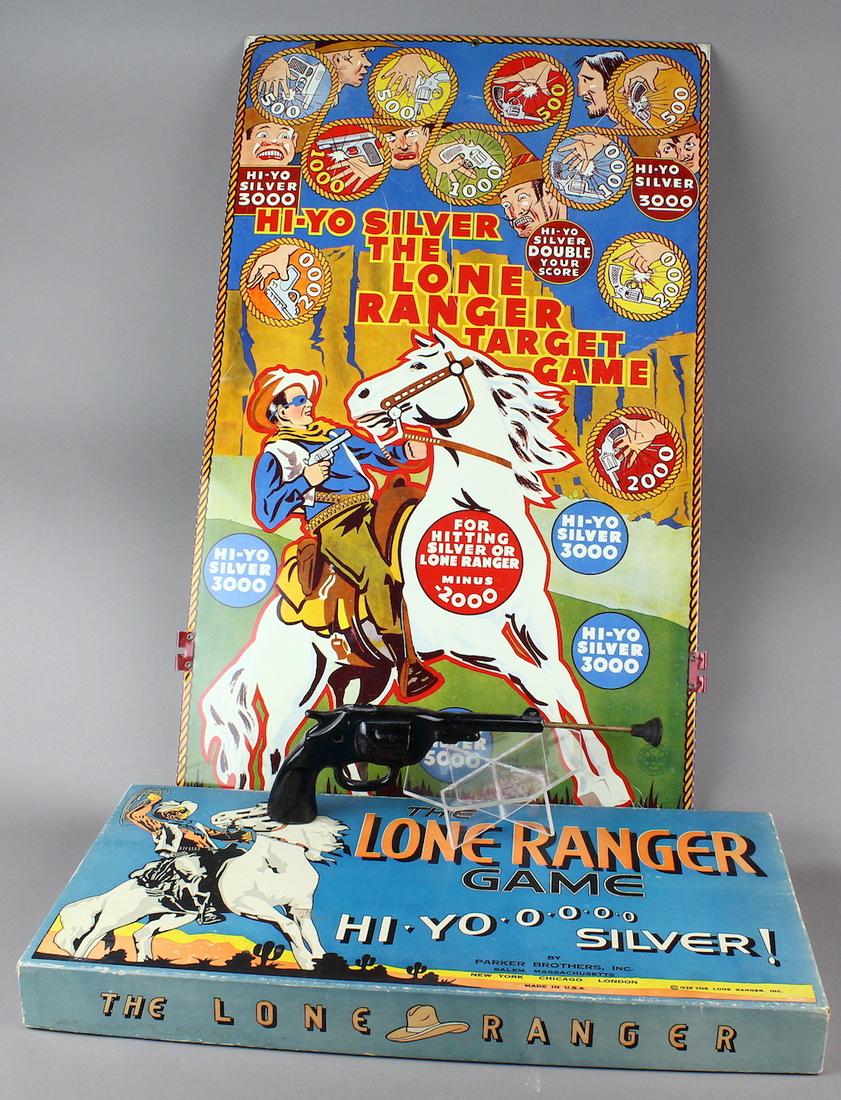 Lone Ranger Target Game & Game in box: Lone Ranger Target Game with rubber dart and gun. Lone Ranger Game in box. Both in excellent condition.