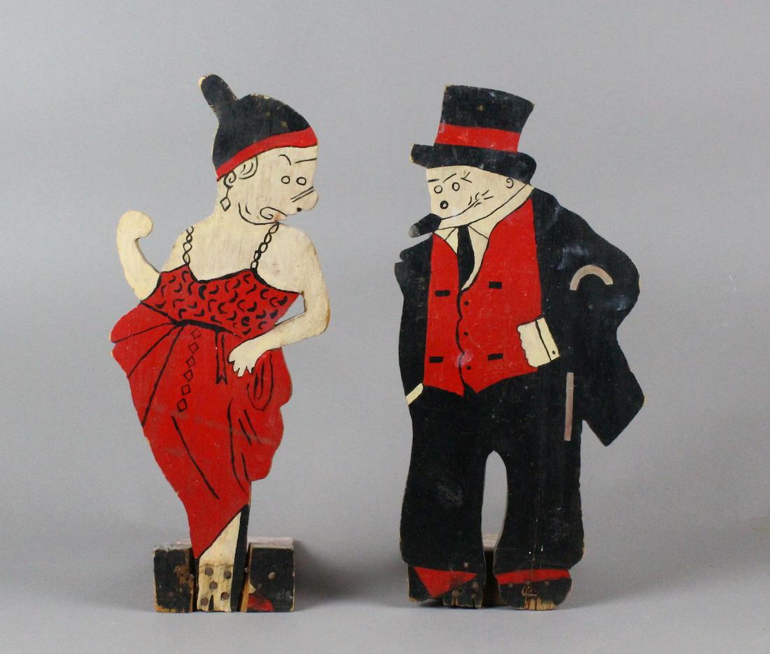 1930s Maggie & Jiggs painted Door Stops: 1930s Maggie & Jiggs painted Door Stops. Excellent condition original folk art door jambs of the famous cartoon characters. 14 inches tall
