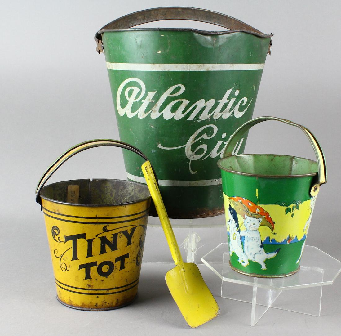1890s Early Atlantic City, Tiny Tot & Puss Beach Pails: 1890s Early Atlantic City, Tiny Tot & Puss and Boots Beach Pails. Nice group of early pails.