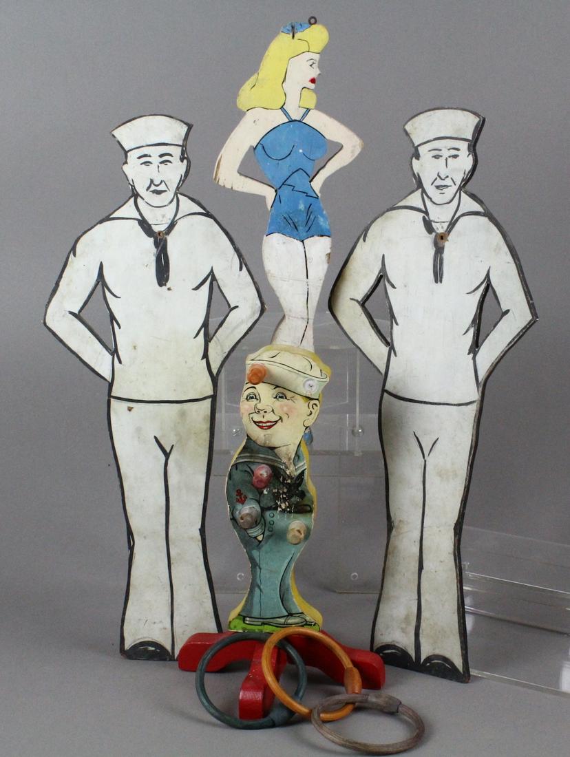 Painted Wood Sailors & Pin Up Girl: Painted Wood Sailors & Pin Up Girl. Includes Sailor ring toss game. Tallest 14 inches. c.1940s