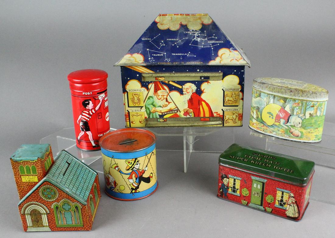 Tin Banks Including J. Chein & Ohio Art: Tin Banks Including J. Chein, Ohio Art, British makers.