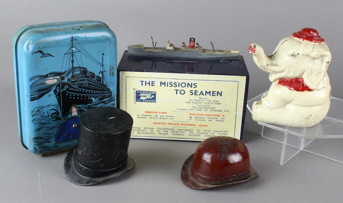 Hubley Circus Elephant & Seaman Banks & Hats: Hubley Circus Elephant & Seaman Banks & 2 Hat banks- "pass around the hat" derby and tophat.