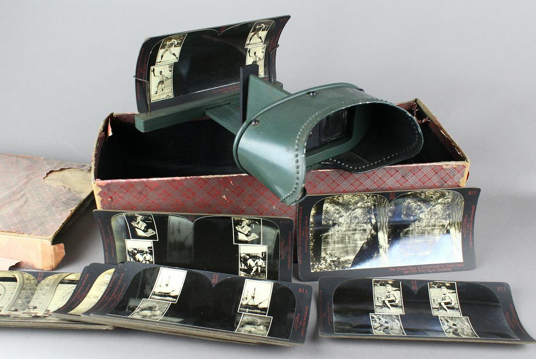 Keystone Stereo Viewer & Babe Ruth/Tom Mix Card: Babe Ruth Keystone EC109 Stereographic Card and Keystone Stereoscopic viewer in the original box with other depth perception cards. Viewer is in excellent condition. Cards also include stereoviews of 