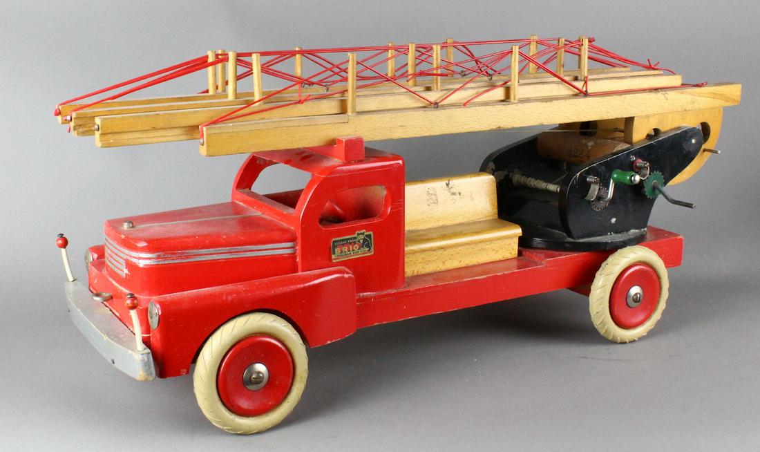 Brio Sweden Ladder Fire Engine: Brio of Sweden large Turntable Ladder Fire Engine large scale wooden truck with crank ladder. Well made 1950s wooden fire engine with raising ladders and rotating turret.