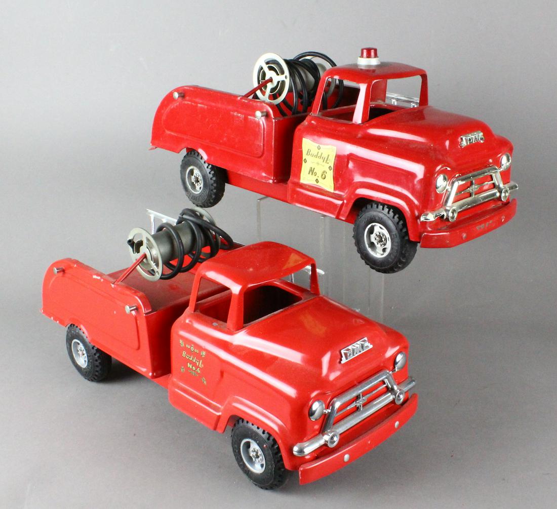 2 Buddy L GMC Fire Pick Ups No. 6: 2 Buddy L GMC Fire Pick Ups No. 6. Appear restored, good looking GMC Trucks. Siren top loose on one.
