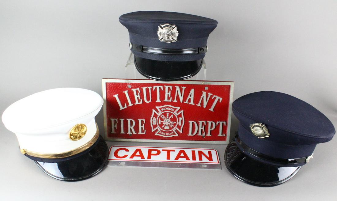 Fireman Captain Fire Hats & Signs NJ: Fireman Captain Fire Hats & Signs. Raritan NJ. Badge on right- Relief Hose Co. No. 2. Badge in middle- Middleboro Fire Dept. Badge on left unmarked. Signs are metal with the Lieutenant Fire Dept. sign