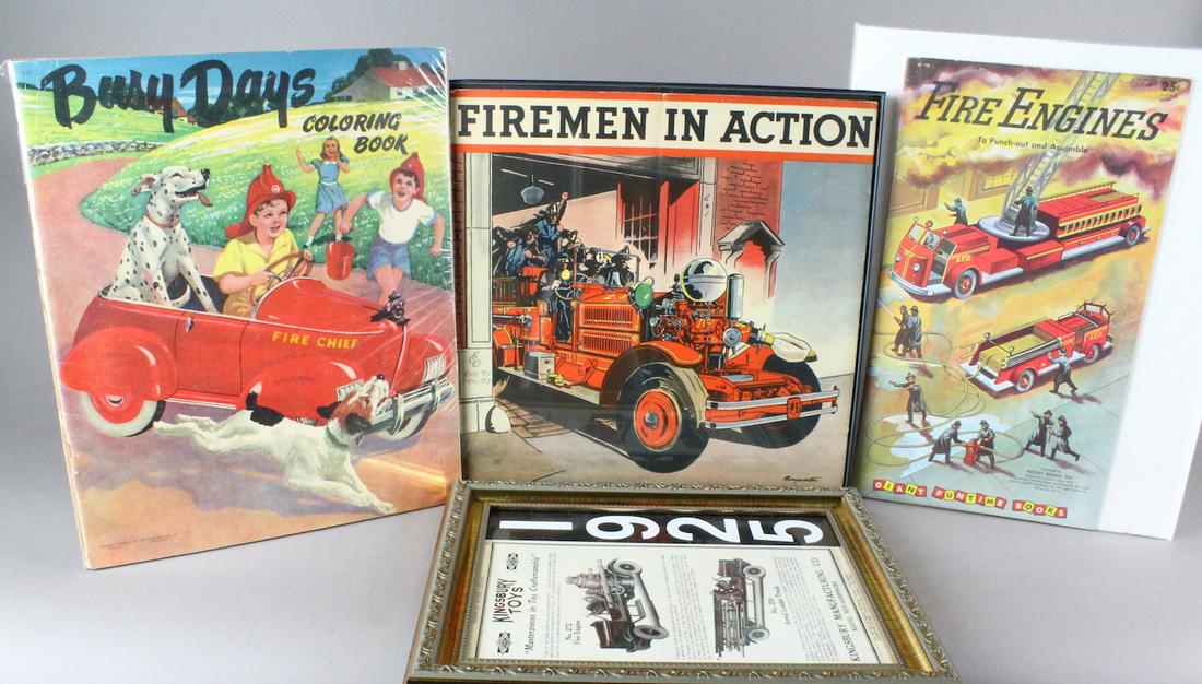 1950s Colorful Fire Ephemera: Mint punch out book of fire engines, Firemen in Action magazine, Busy days kid's fireman coloring book, and 1925 Kingsbury Toys fire engine ad.