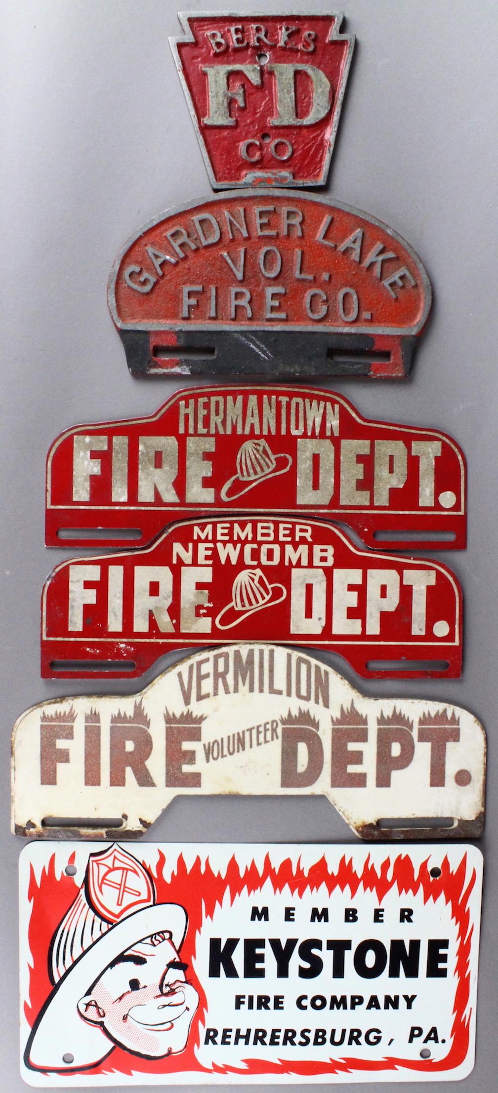 Fire Dept. Badges & Truck Plates NY, PA, CT: Metal Fire Dept. Badges & Truck Plates Midlantic. Berks Co. FD, Gardner Lake Vol. Fire Co., Hermantown FD, Newcomb FD, 2 Vermilion Fire Volunteer Dept., Keyston Fire Co. Rehrersburg, PA. 7 original si