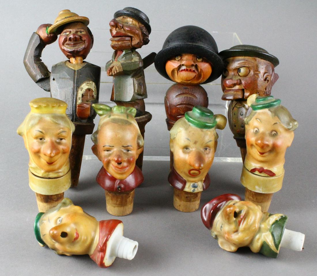 German Bisque & Carved Mechanical Bottle Stoppers: German Bisque & Carved Mechanical Bottle Stoppers. Original excellent wooden Bavarian hand carved bottle stoppers with motion- neck goes up and mouth opens, man tips hat, hat flips, and eyes close. Bi