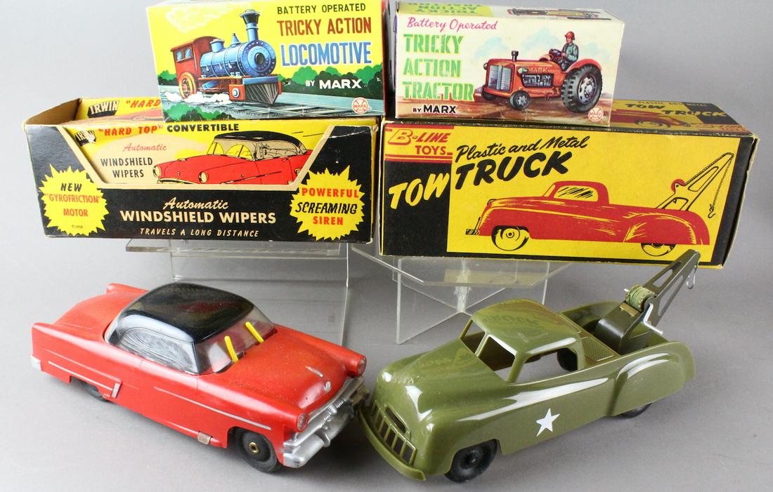 Mint Boxed Marx & Irwin Cars: Marx Train and Tractor mint in box, Irwin 1950s sedan with windshield wipers, and B-Line Army Tow truck wrecker all in the original box.