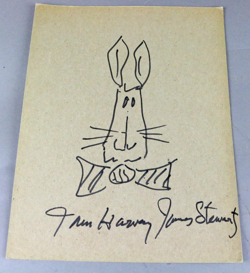 James Stewart Harvey The Rabbit Hand Drawn Cartoon: 8x11. This is a hand drawn Harvey The Rabbit cartoon on cardboard stock by James Stewart! All autographs & signed ephemera presented here is from the Cordelia Platt autograph collection. Highly regard