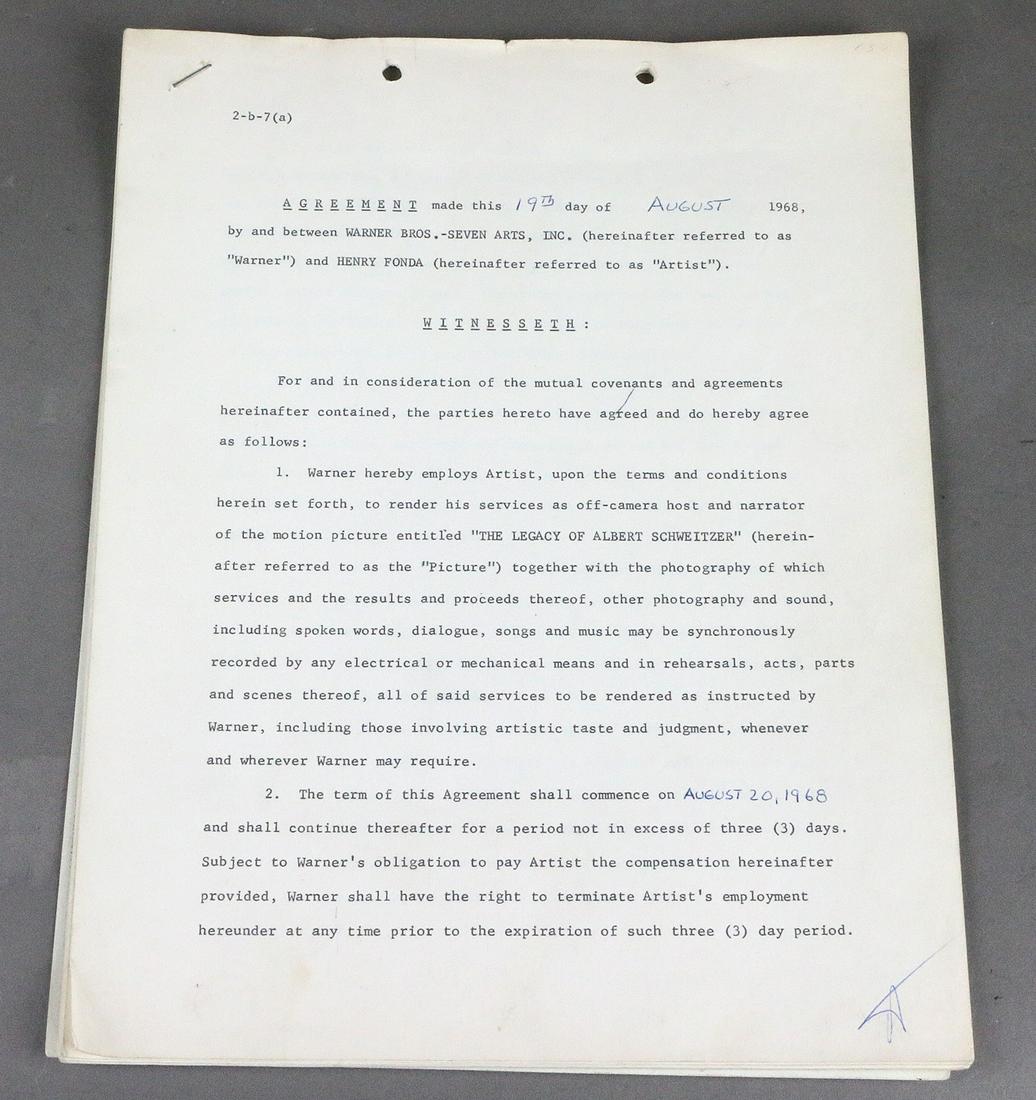 Henry Fonda Ori Warner Bros Contract Signed: The Legacy Of Albert Schweizer signed orig movie contract.All autographs & signed ephemera presented here is from the Cordelia Platt autograph collection. Highly regarded in the autograph industry, Co