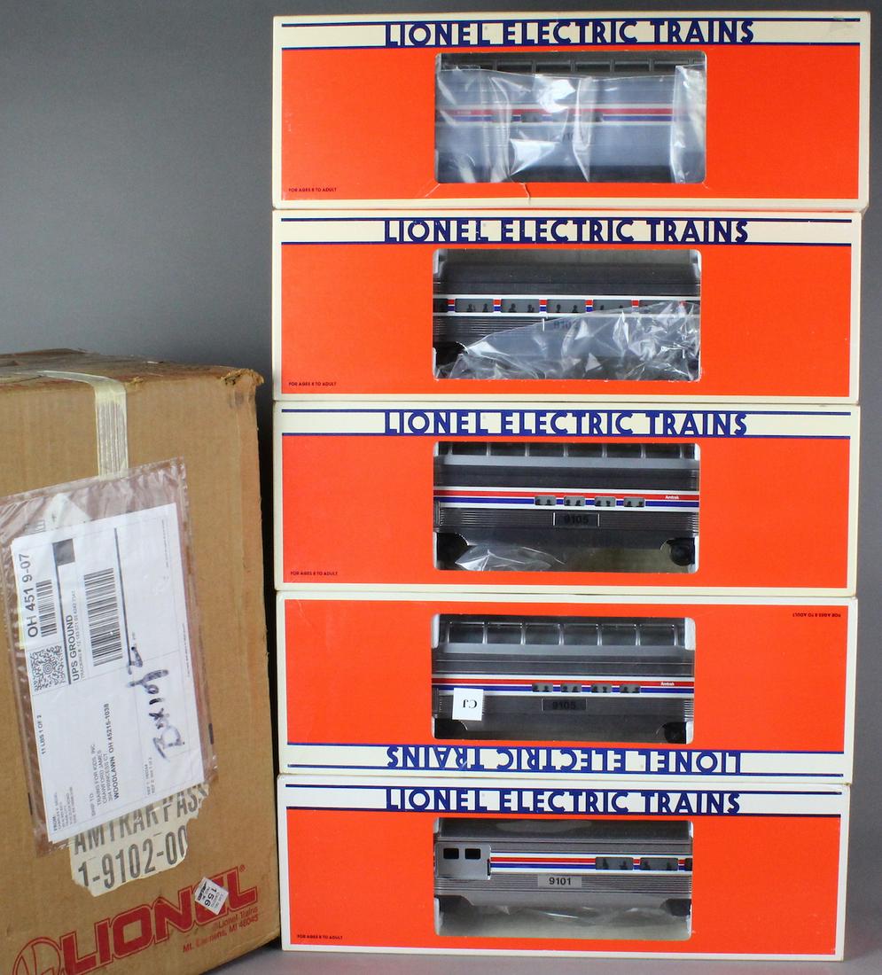 Lionel Amtrak 9100 Cars in Boxes: Lionel Amtrak 9100 Cars in Boxes. Amtrak \"9101\", 19102 coach \"9102\", 3- 19105 full vista dome \"9105\" all in boxes.