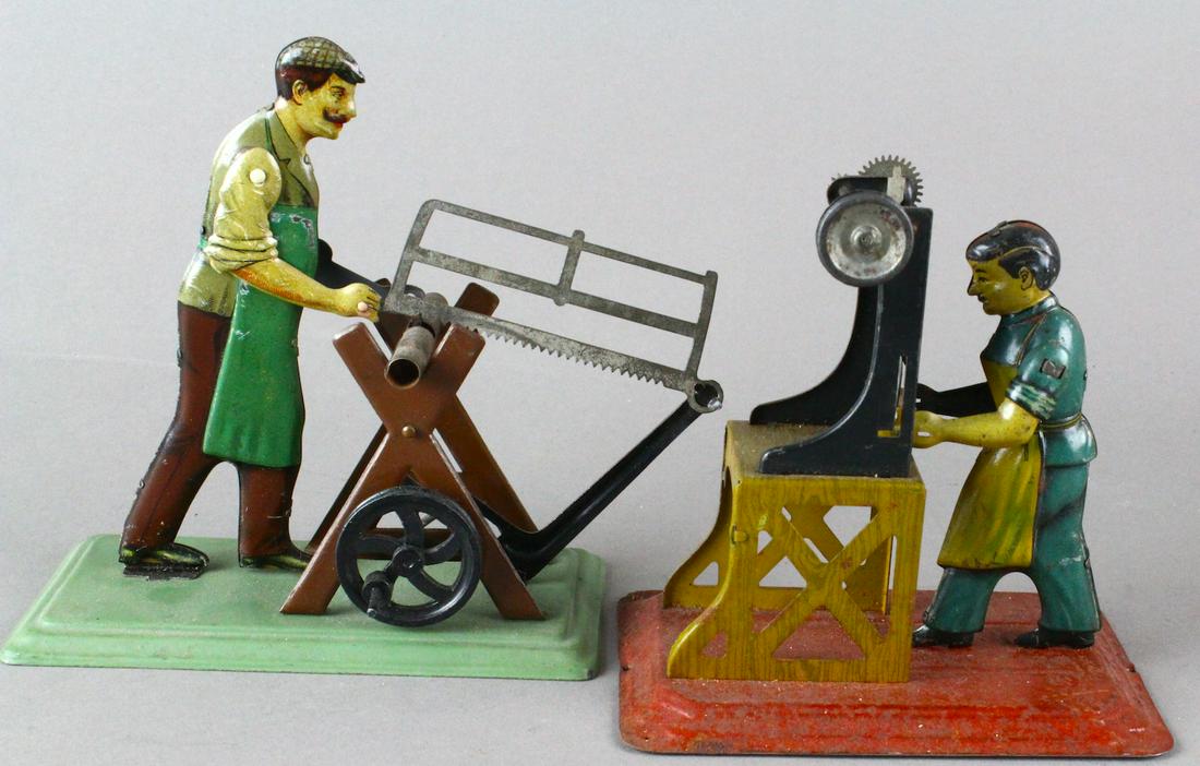 Bing German Sawyer & Man at Press: Bing German Sawyer & Man at Press tin worker steam toys.