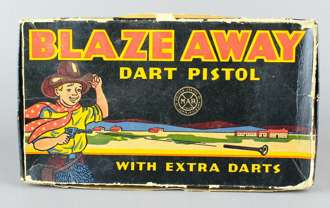 Marx Blaze Away Pistol & Dart Set in Box: Marx Blaze Away Pistol & Dart Set in Box. Graphic box and working pistol with rubber darts.