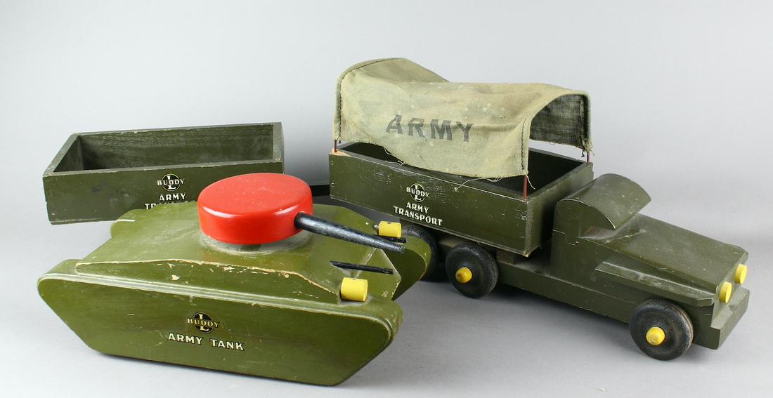 Buddy L Army Group with Tank: WWII Army Transport Truck and wagon and Buddy L Tank. WWII Victory wooden toys. Tank excellent, truck has wood chip. Longest 24 inches.