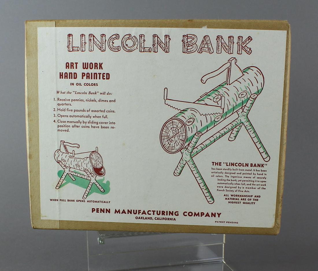 Lincoln Bank Penn Manufacturing Mint in Box: Lincoln Bank Penn Manufacturing Mint in Box, unopened mint tin bank in the original box.