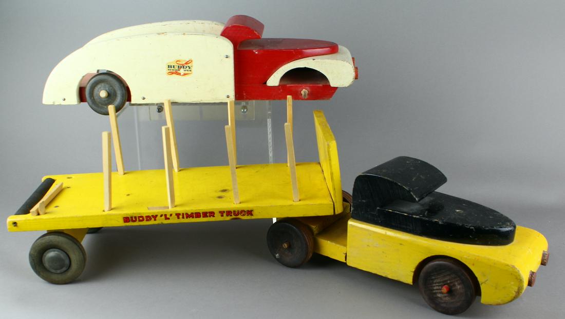 Buddy L Timber & Utility Trucks: Buddy L Timber & Utility Trucks. WWII era wood Buddy L trucks.