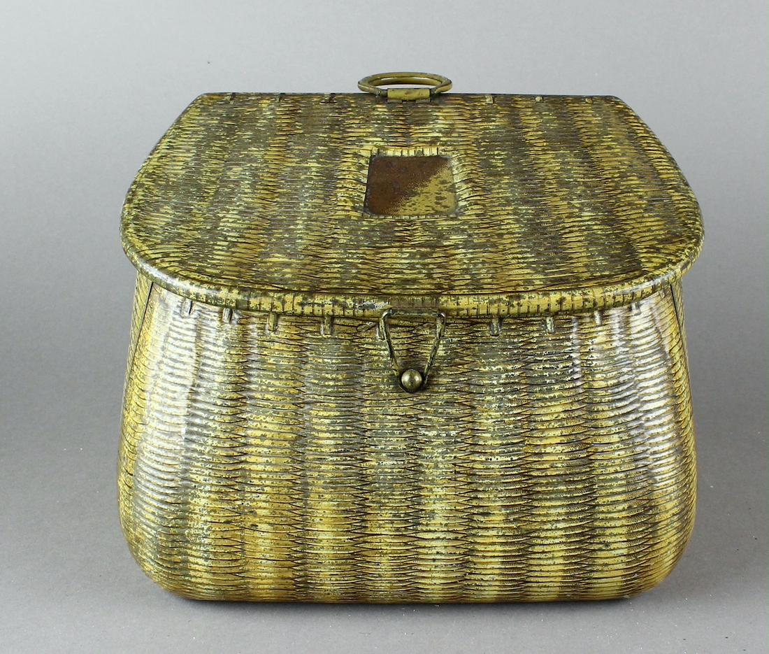 Huntley & Palmer Fishing Creel Biscuit Tin: 1900s Huntley & Palmer Fishing Creel Biscuit Tin. Detailed tin lithography of fisherman\'s wicker basket. 8 inche long.