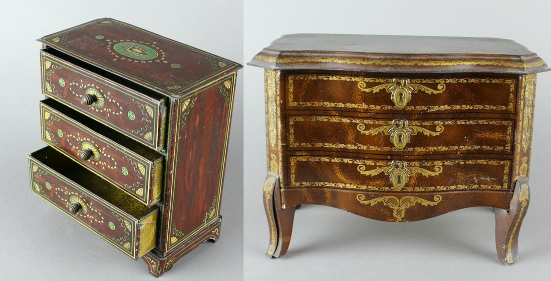 McFarlane and McVittie Chippendale Chest Biscuit Tins: McFarlane Chippendale Chest Biscuit Tin and McVittie & Price Edinburgh Chest. Furniture tin litho biscuit tins in excellent condition. Drawers come out in the McFarlane chest and the top lifts in the 