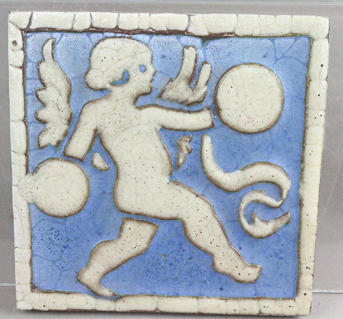 Grueby Cupid Playing Cymbal Figural Tile (1 of 3)