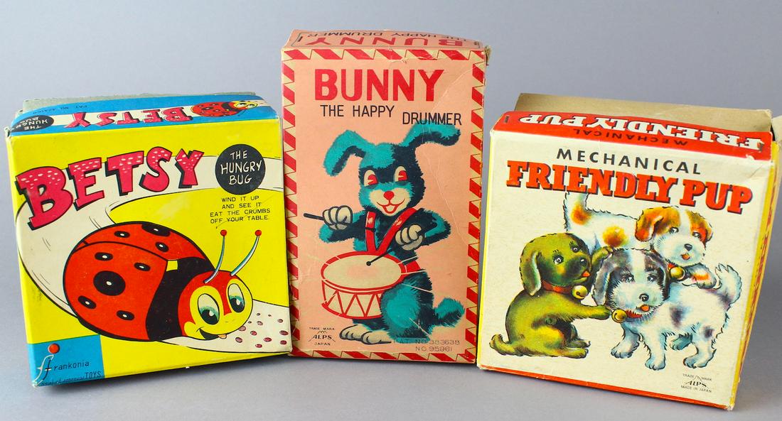 3 Japan Wind up Toys in Box: 3 Japan Wind up Toys in Box. Betsy the Bug, Bunny the Happy Drummer, Friendly Pup wind ups all near mint in the box. Made By Alps and Franconia of Japan. All toys worked when tested.