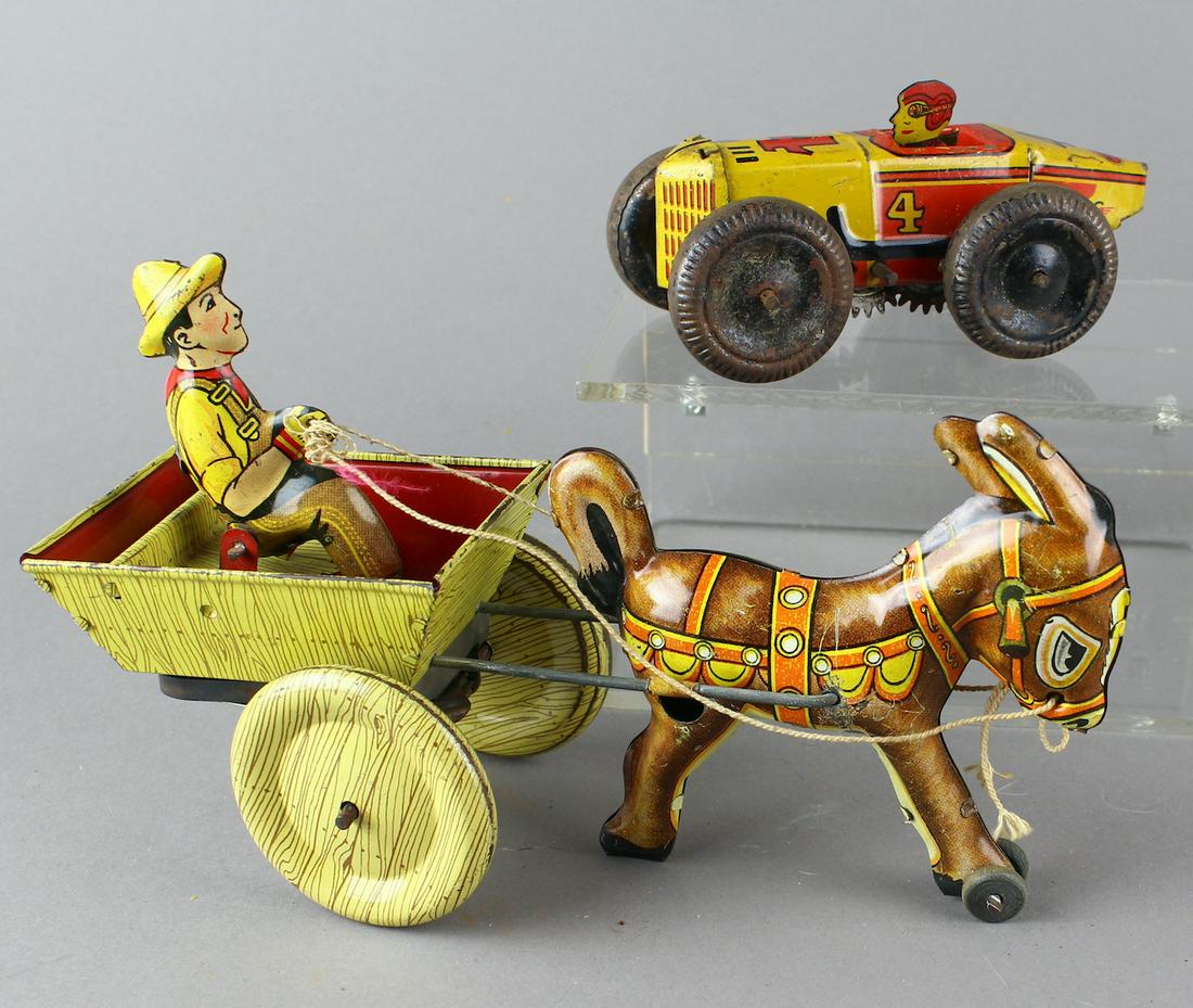 Marx Tin Toy WInd Ups: Marx Tin Race Car and Farmer & Donkey Cart Toy WInd Ups