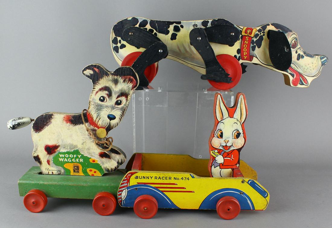 Fisher Price Bunny Racer, Woofy & Snoopy: 1947 Fisher Price Woofy Wagger Dog #447 Pull Toy. 1930s Bunny Racer 474, and 780 Snoopy Sniffer 14 inches long. All fine originals.