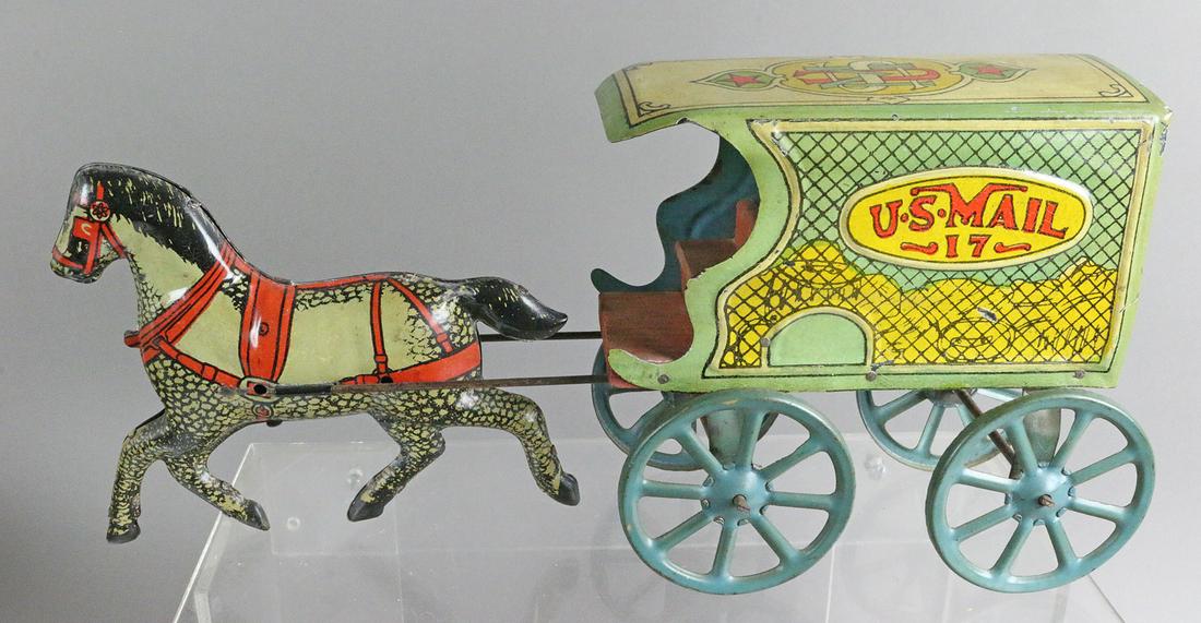Converse US Mail Tin Litho Horse Drawn Cart: Converse US Mail Tin Litho Horse Drawn Cart, 14 inches