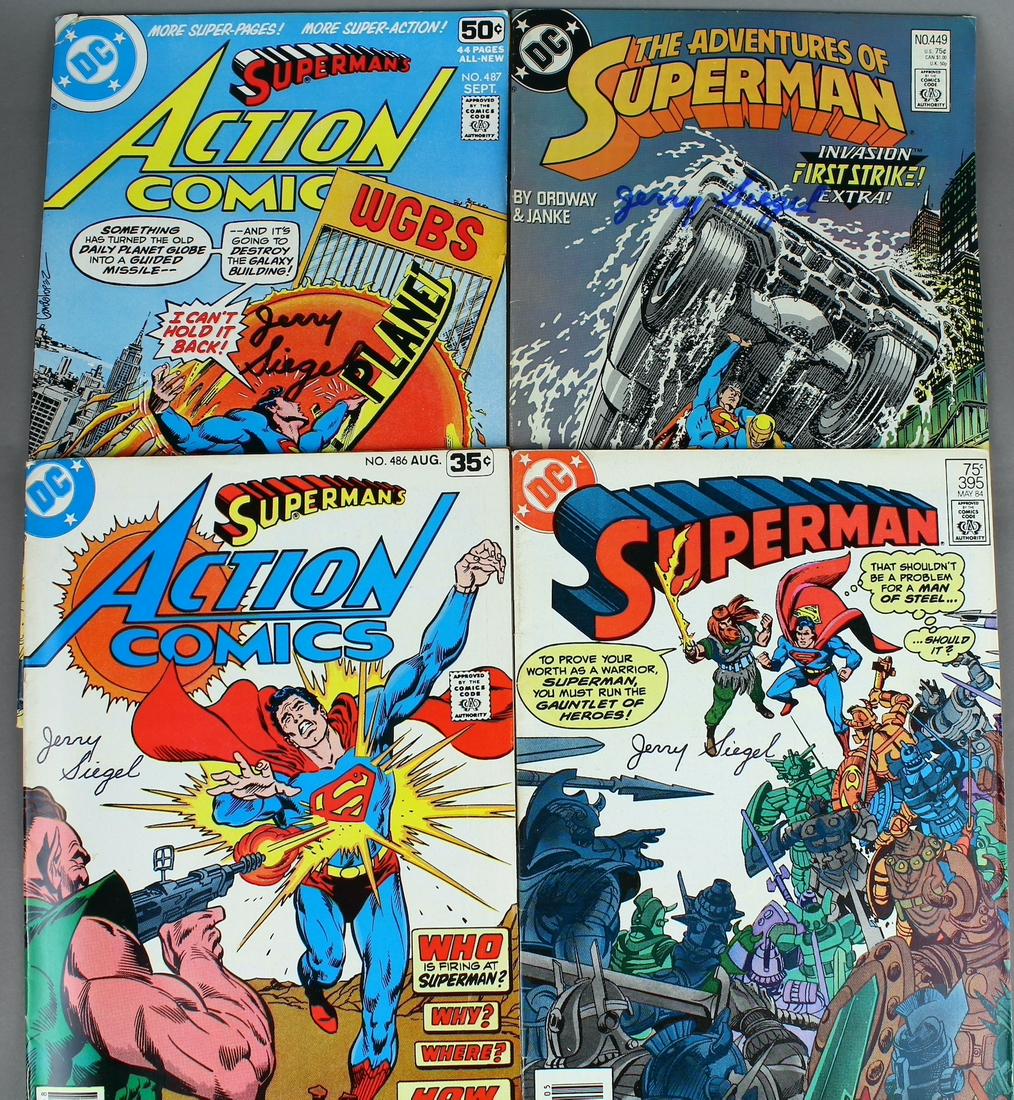 Jerry Siegel Creator Superman 4 Signed Comics: Jerry Siegel Creator Superman 4 Signed Comics. Original pen signed comics. All autographs & signed ephemera presented here is from the Cordelia Platt autograph collection. Highly regarded in the autog