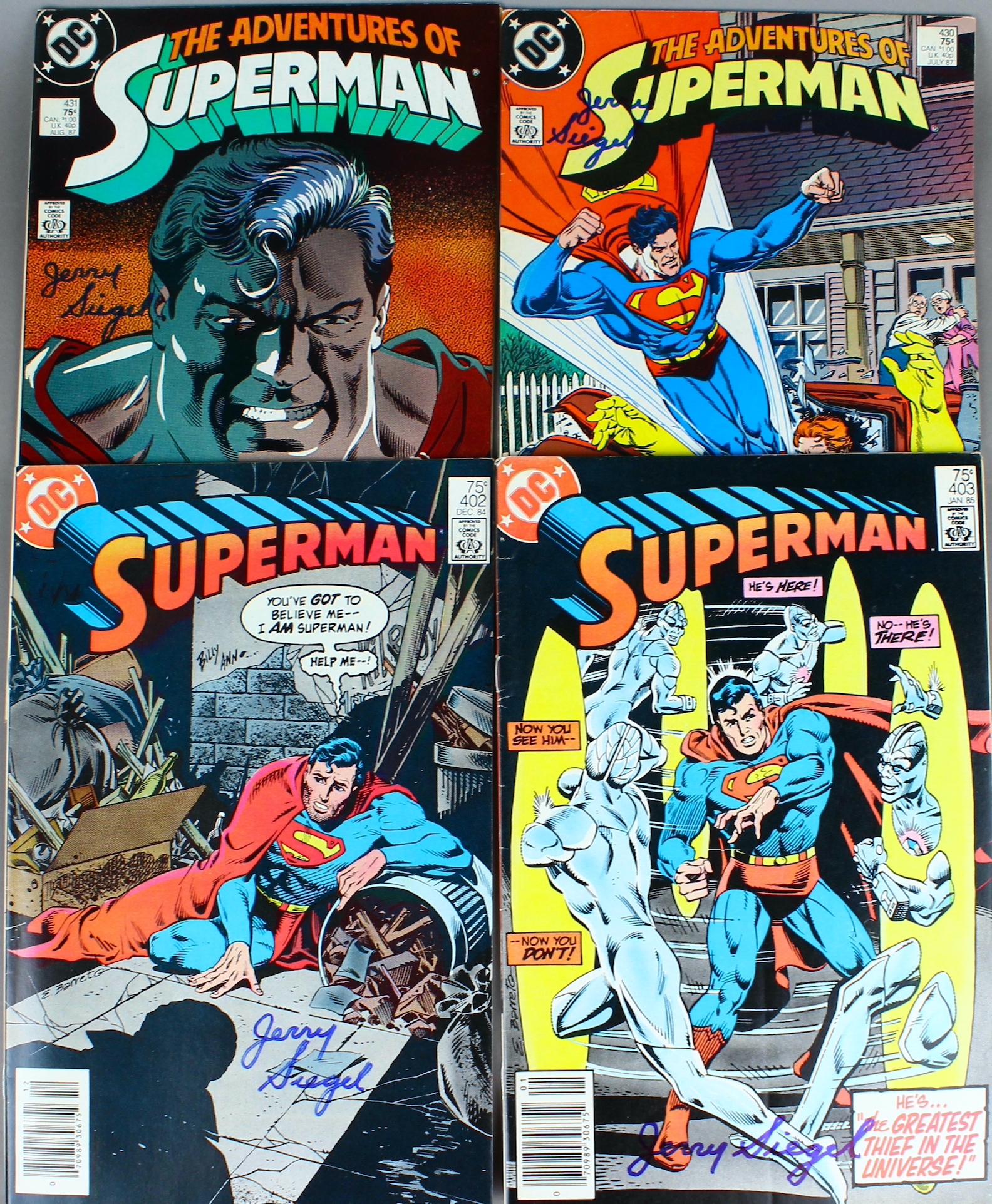 Jerry Siegel Creator of Superman 4 Signed Comics: Jerry Siegel Creator of Superman 4 Signed Comics. All autographs & signed ephemera presented here is from the Cordelia Platt autograph collection. Highly regarded in the autograph industry, Cordelia w