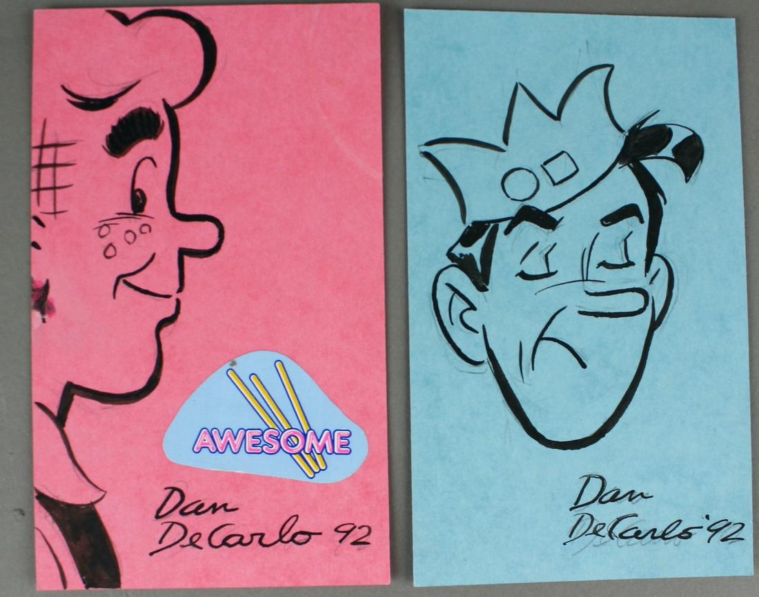 Dan DeCarlo Signed Cartoons Archie & Jughead: Original Dan DeCarlo Signed Cartoons of Archie & Jughead. Fully drawn originals. 4 x 6 inches. All autographs & signed ephemera presented here is from the Cordelia Platt autograph collection. Highly r