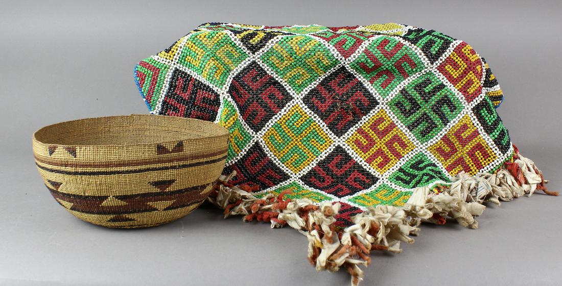 Native American Bowl Original & Sireu Beaded Apron: Fine open bowl with Native American Indian design. Bowl is 7 inches in diameter. Very tight clean original bowl.Native Sireu beaded apron from New Guinea - probably made in Cenderawasih Bay- West Papu