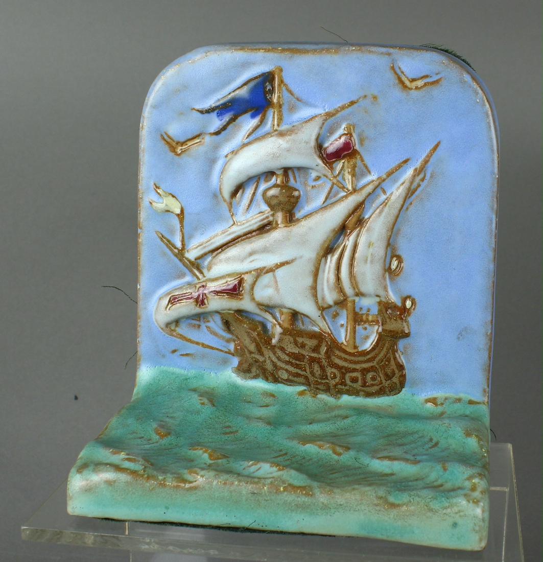 Arts & Crafts Ship Bookend Grueby Style Pottery: Arts & Crafts Ship Bookend Grueby/Rookwood Style Pottery c1910. 6"h x 5 1/8"w x 3.25"d.