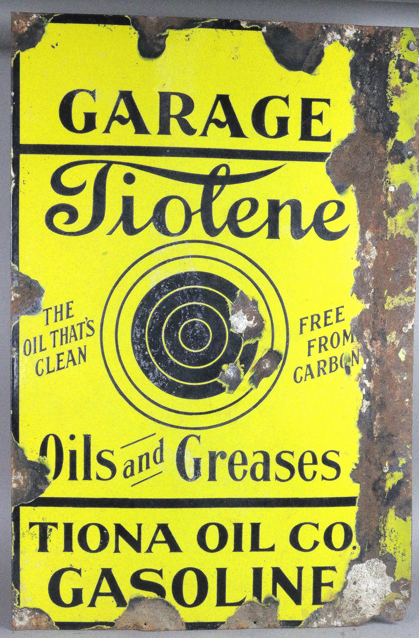 Tiolene Garage Oil And Greases Gasoline Sign Scarce: Tiolene Garage Oil And Greases Sign Scarce, 30x20 Tiona Oil Co, double sided porcelain