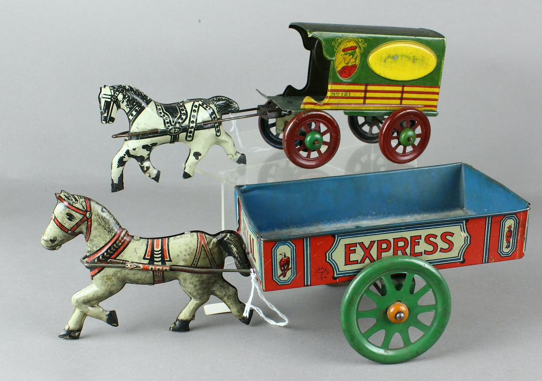 Early J. Chein Jackal Express & Toy Goods Truck: Early J. Chein Jackal Express & Toy Goods Horse drawn wagon. Longest 12 inches.