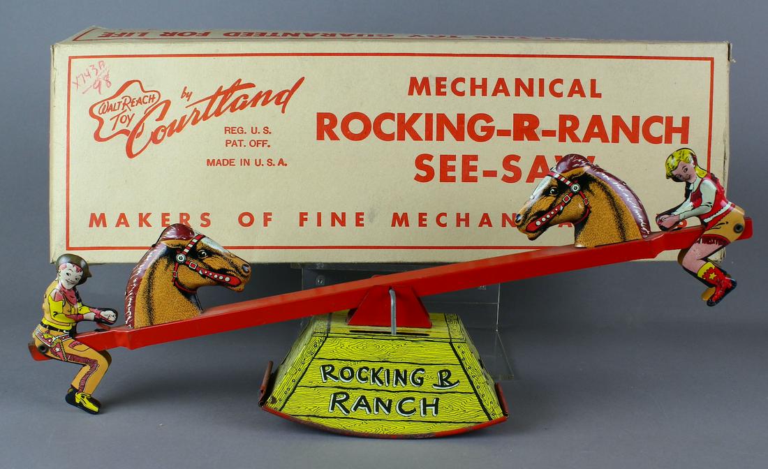 Courtland Rocking R Ranch Tin Toy in Box: Courtland Rocking R Ranch Tin Toy in Box. Mint toy and box! 17 1/2 inches long. Very rare box!