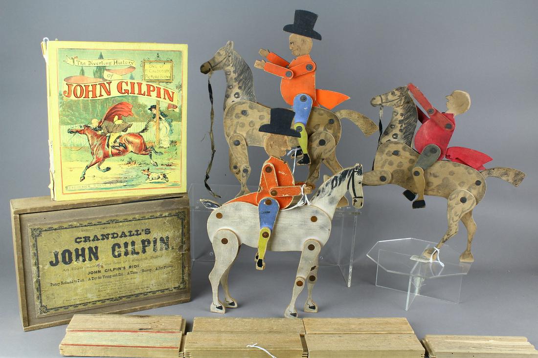 Crandall John Gilpin Horse & Riders & Box & Book!: Great Crandall John Gilpin Horse & Rider Lot. 3 John Gilpin riders and horses, and one original wooden box, John Gilpin and His Horse Caldecott Picture Book - The Diverting History of John Gilpin. Ori