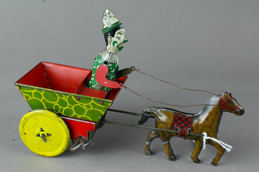 Strauss Clown Cart Horse Drawn: Strauss Tin Clown Cart Horse Drawn, scarce toy.