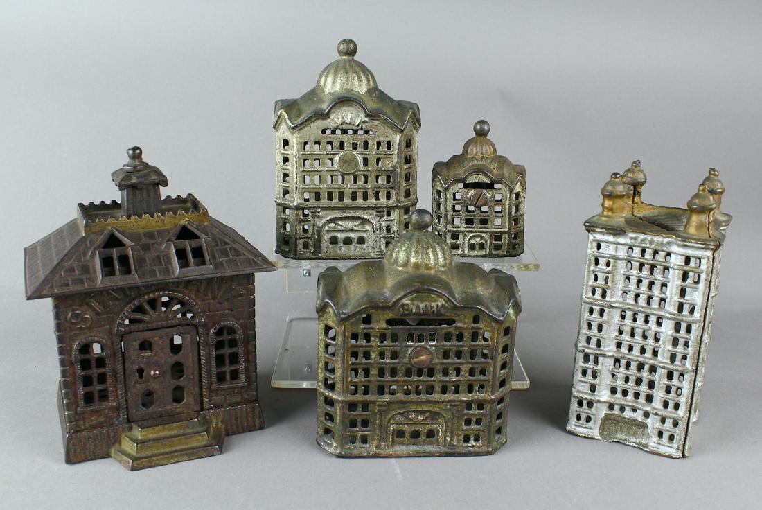 Cast Iron Still Bank Buildings & Sky Scrapers: Cast Iron Still Bank Buildings & with early A.C. Williams Sky Scraper banks. Original paint.