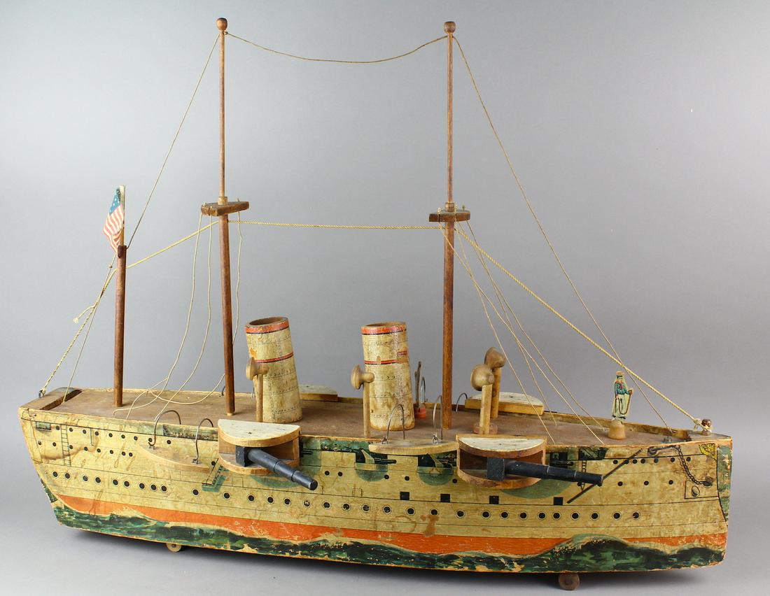 1882 Bliss Battleship Philadelphia Steam Ship: 1880s Bliss Battleship 2 Smokestack Steam Ship- Philadelphia. Paper lithography on board and wood. Amazing amount of original parts. 31 inches long.