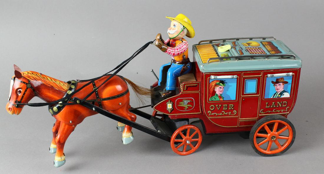 Japan Tin Overland Stagecoach Wagon: Japan Tin Stagecoach Wagon Overland Battery Operated toy. Working wagon coach.