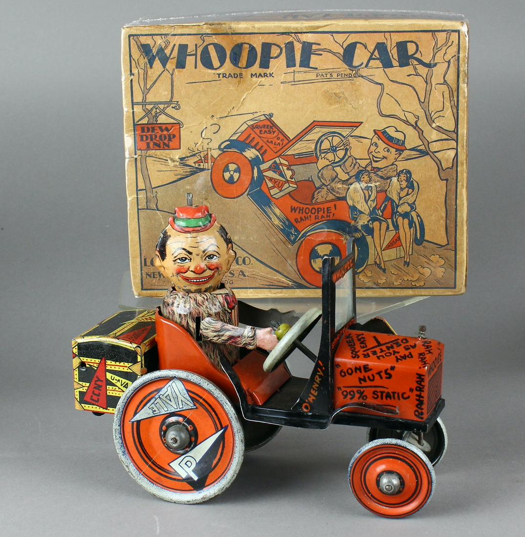 1930s Marx Tin Whoopie Car in Box: 1930s Louis Marx Tin wind up Whoopee Car crazy concentic wind up car in excellent condition in the box. Car works and displays beautifully! It is about 9 inches long.