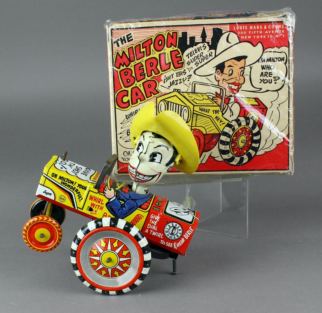 Marx Milton Berle Car in Box: 1950s Marx Tin Uncle Miltie crazy car with bright graphics and sayings in the complete original box. Excellent 7 inches long.