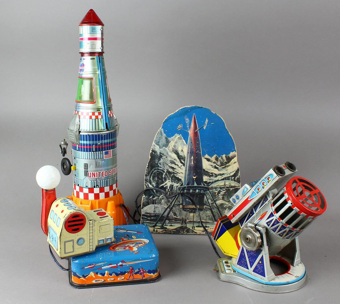 Japan Tin Space Toys Linemar with Orig Moon.: Horikawa space target, Linemar Tin satellite with original Moon floating ball, Nasa Apollo battery op. Tall rocket runs, others not working. Moon piece is very hard to find!