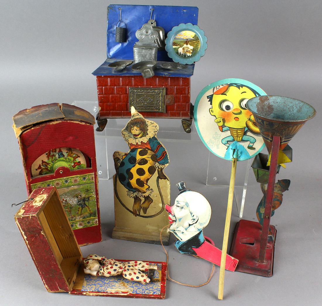 Early Toy Lot German Litho & Chein Toys: German Litho Paper & Wood Stage, German Tin Stove with kitchen items, Monkey ring toss, Clown toss, clown pop out of box toy, Stage toy, J Chein Busy Mike tin sand toy. Japan baseball player fan. Grap