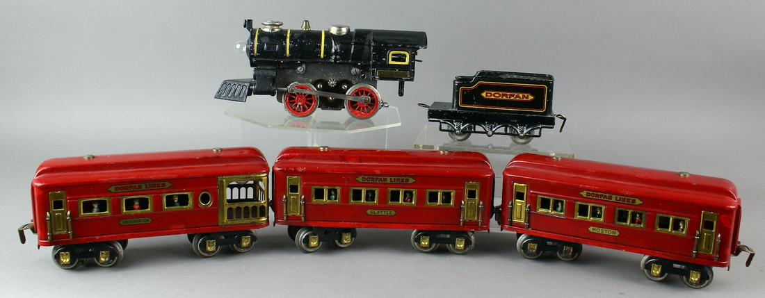 Dorfan Engine & 3 Passenger Cars: Dorfan Engine & 3 Passenger Cars. Boston passenger coach, Seattle passenger coach and an Observation car, all in matching red and gold colors. 8\"