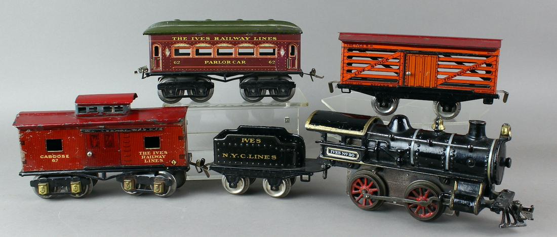 Ives 20 Locomotive and Cars: Ives 20 Locomotive and Cars 62 Parlor 65 Livestock 67 Caboose.