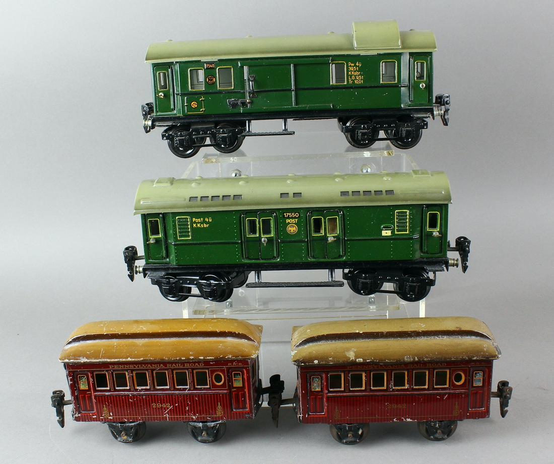 Marklin German Tin Cars & PRR 2942: Marklin German Tin Cars 17540 17550 Post and 2 hard to find Pennsylvania RR 2942 passenger cars Wood-Sided Pennsylvania Coach.