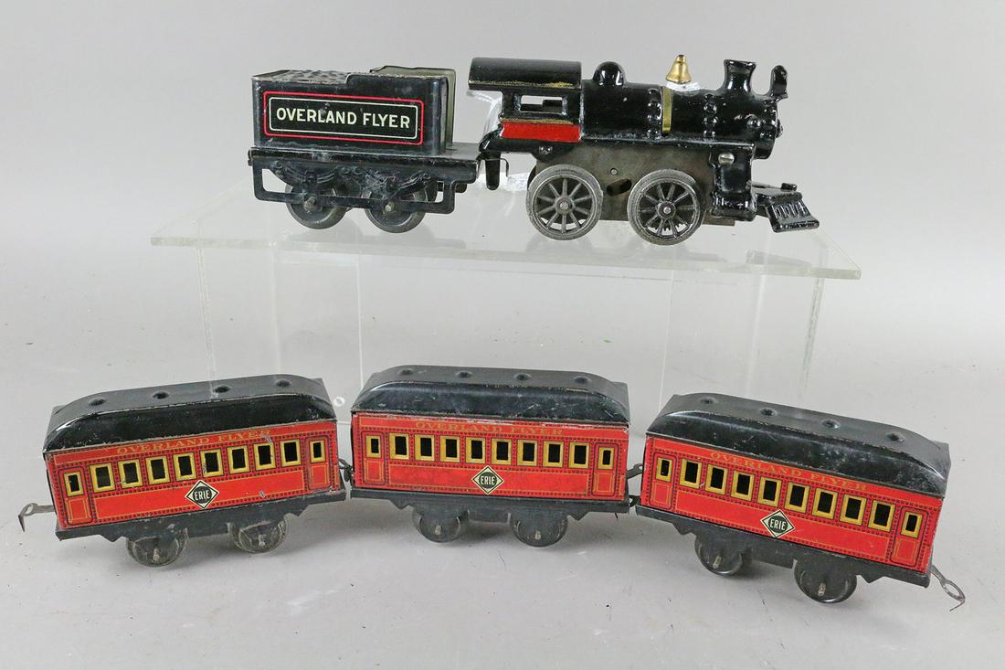Hafner Overland Flyer Train Set Erie with Box: Hafner Overland Flyer Train Set Erie with box. Colorful box has tape repairs.
